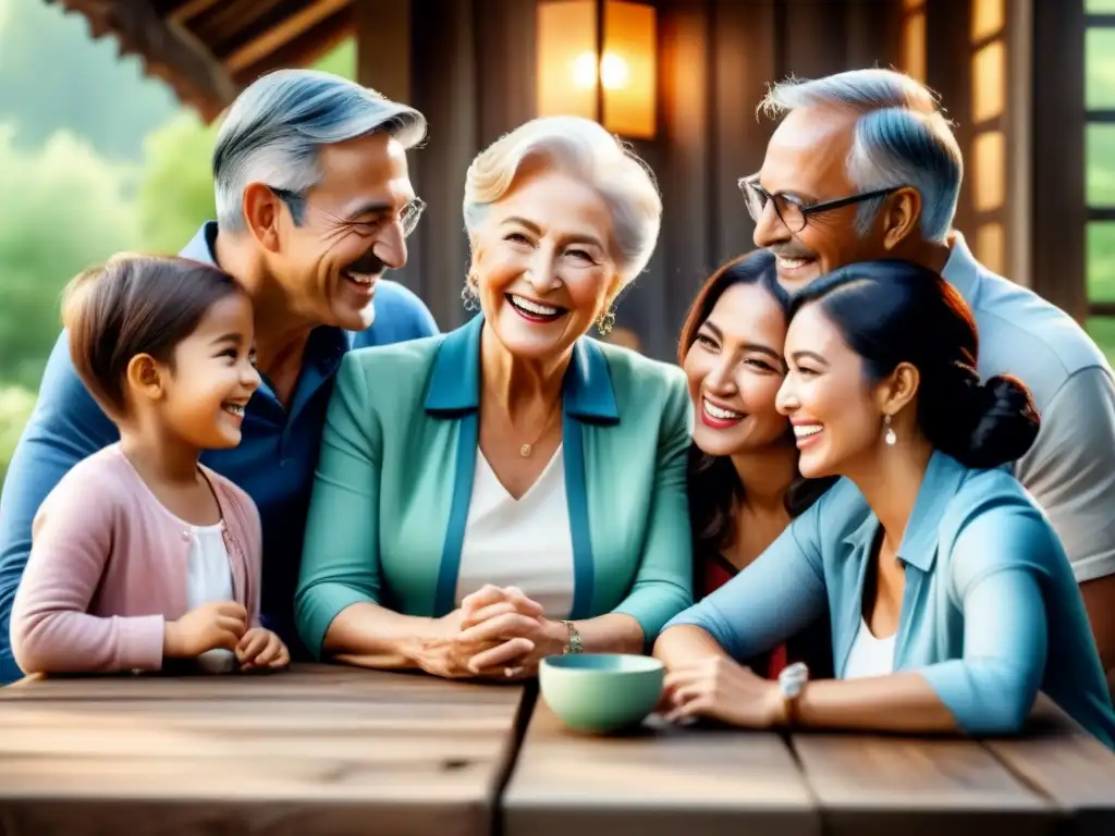 Retrato acuarela de familia única compartiendo risas y recuerdos alrededor de una mesa rústica