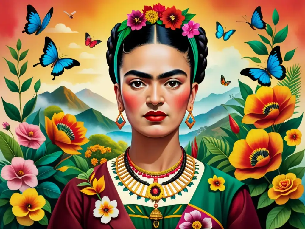 Retrato acuarela de Frida Kahlo entre flores vibrantes y vestida con traje Tehuana y tocado floral, reflejando su vida y autorretratos