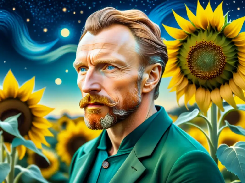 Retrato de Van Gogh inmerso en su arte, rodeado de girasoles y cielo estrellado, reflejando su genio y tormento emocional