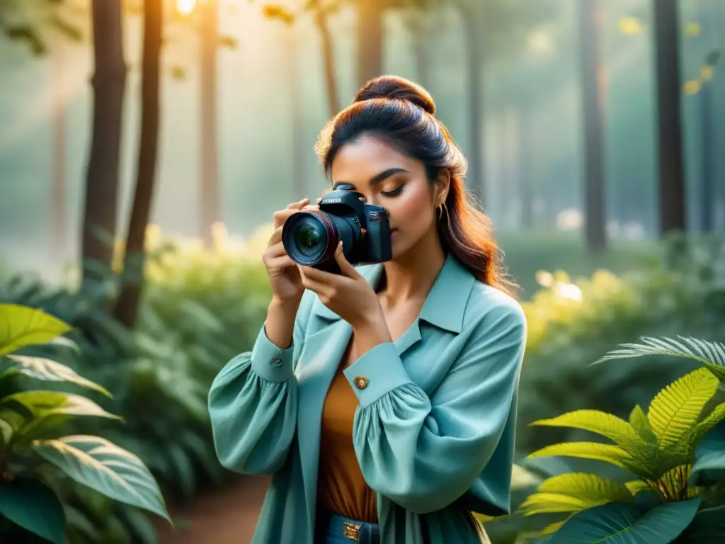 Retrato en luz natural al atardecer, fotógrafo ajustando cámara en escena serena