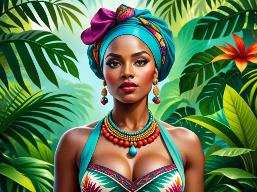 Retrato de una mujer AfroLatina con turbante y adornos coloridos, frente a exuberante follaje tropical