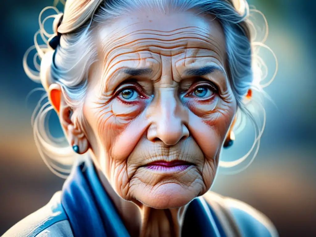 Retrato al óleo de una anciana con mirada sabia, reflejando historias