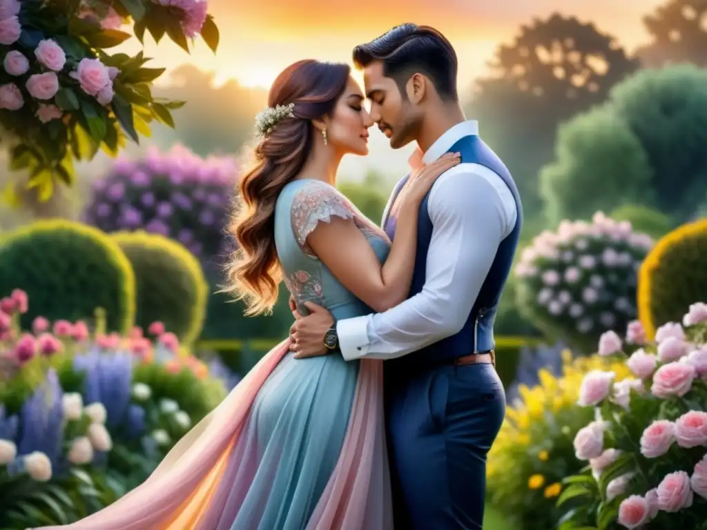 Retrato en el Romanticismo arte: Jóvenes enamorados se besan en un jardín sereno al atardecer, transmitiendo amor y conexión