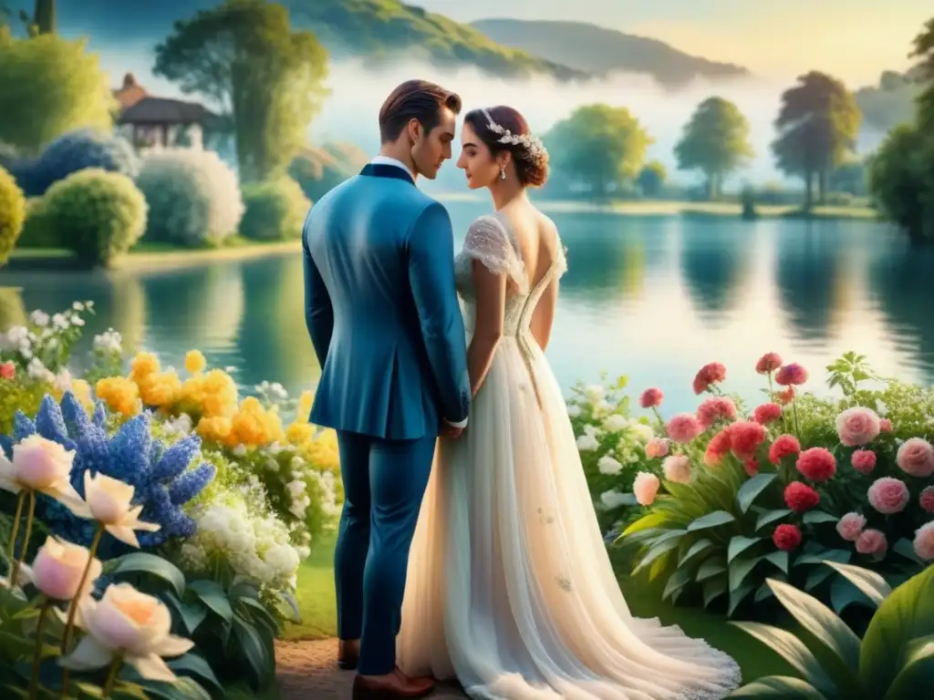 Retrato en el Romanticismo arte: Pareja en jardín con flores, lago al fondo, luz suave destaca detalles