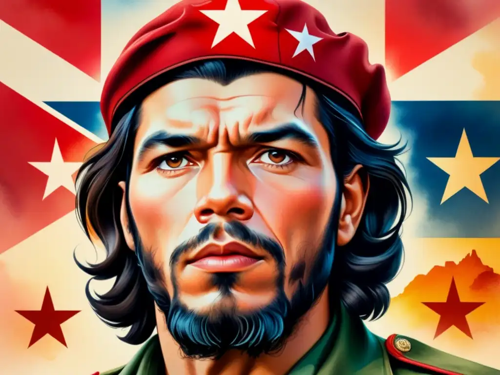 Retrato vibrante de Che Guevara con símbolos revolucionarios latinoamericanos