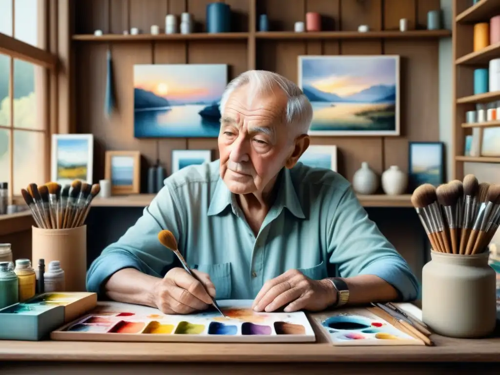 Retratos con Alma: Retrato detallado de un anciano artista pintando con pasión retratos de emociones en acuarela