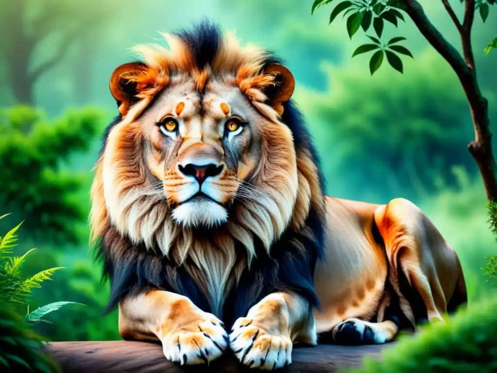 Retratos animales técnicas artísticas: Majestuoso león en acuarela con intensa mirada y melena vibrante, en paisaje etéreo