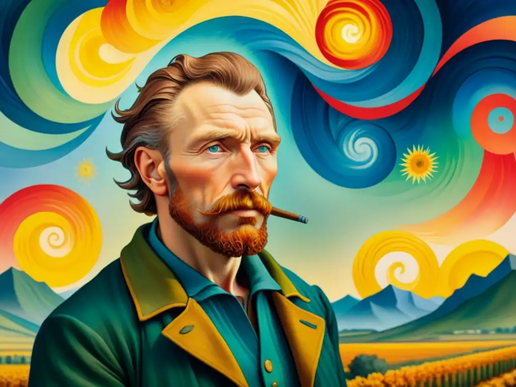 Retratos Van Gogh: emoción humana en sus intensos ojos, rodeado de colores vibrantes y turbulentos