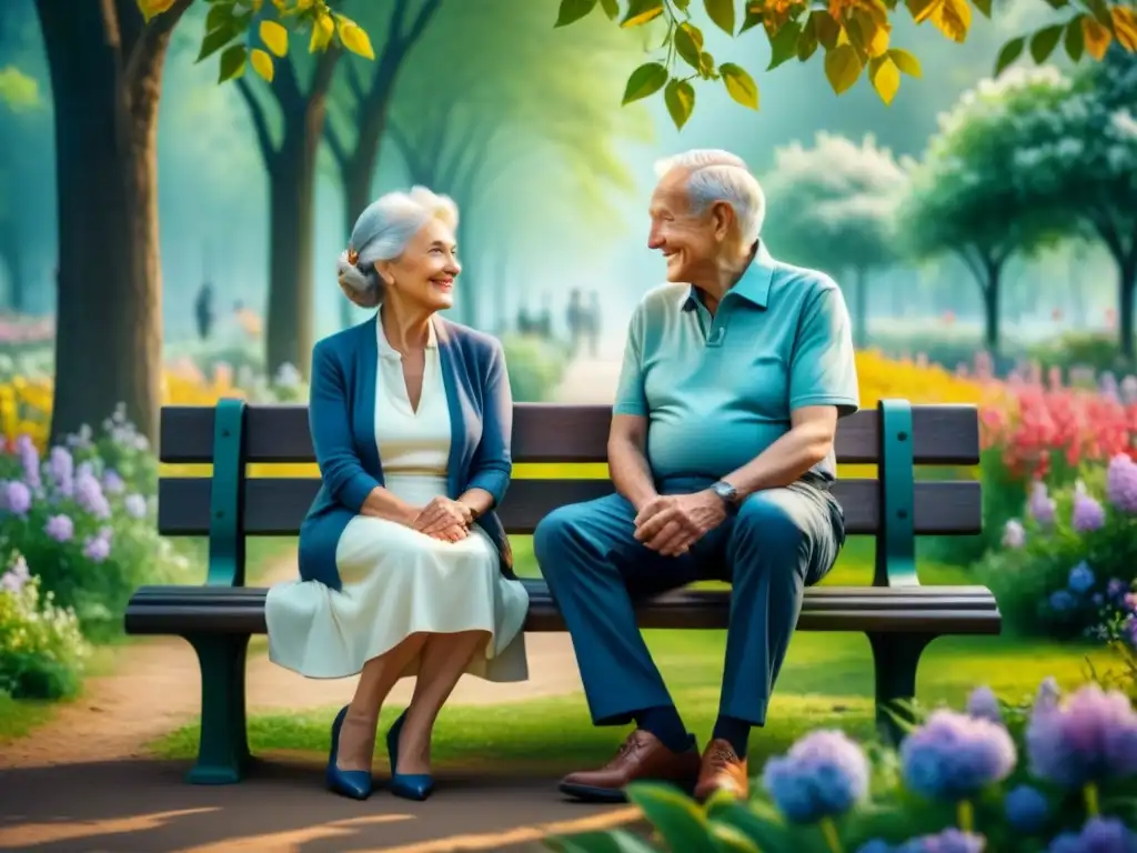 Retratos personalizados impresión 3D de una pareja de ancianos sonrientes en un banco del parque, rodeados de flores coloridas y una brisa suave