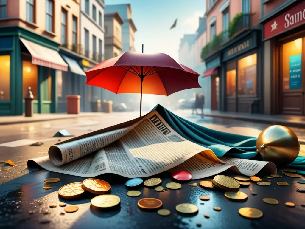 Rincones urbanos: acuarela detallada de una calle caótica Un rincón urbano postmoderno lleno de objetos encontrados, bañado por la cálida luz del sol después de la lluvia