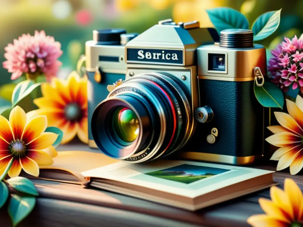 Fotografía analógica: cámara vintage rodeada de flores vibrantes en un jardín soleado, evocando posibilidades creativas