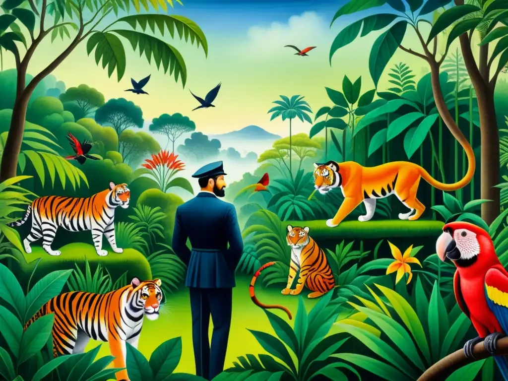 Henri Rousseau influencia postimpresionismo arte: pintura detallada con exóticos animales y exuberante follaje en estilo surrealista