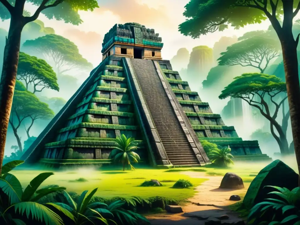 Ruinas mayas detalladas rodeadas de jungla verde, con aura mística y jeroglíficos, transportando a la preservación arte ancestral realidad virtual