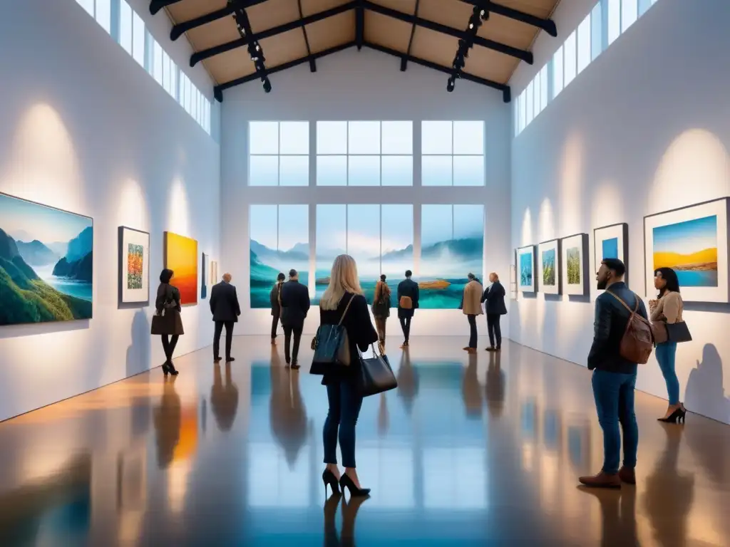 Una sala de exposiciones de arte contemporáneo desafía expectativas con obras coloridas y visitantes admirando con asombro