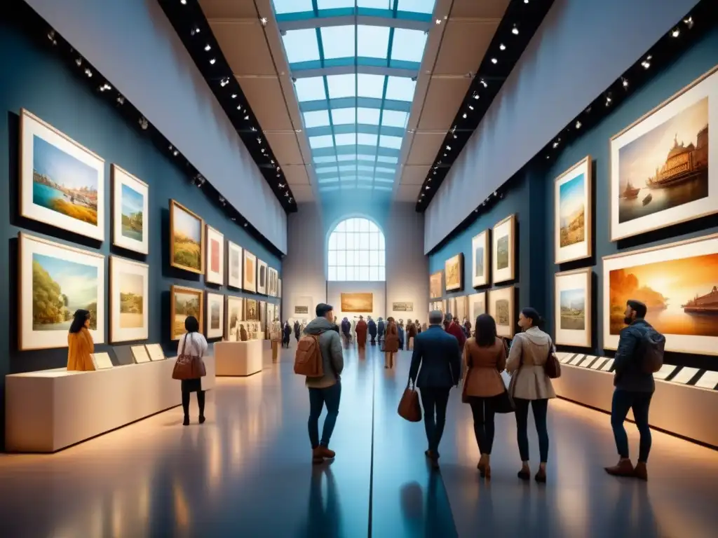 Una sala de exposiciones de arte cultural intersección, llena de diversidad y color, donde visitantes exploran historia a través del arte