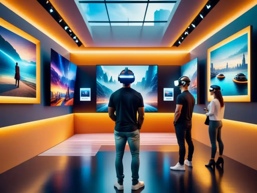 Una sala de exposiciones de arte futurista llena de instalaciones de realidad virtual cautivadoras