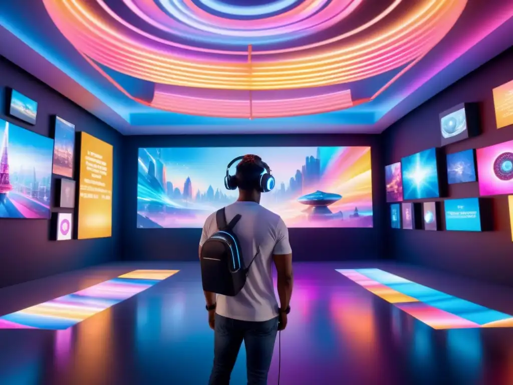 Una sala de exposiciones de arte virtual impresionante, llena de instalaciones digitales vibrantes y coloridas en un espacio etéreo y onírico