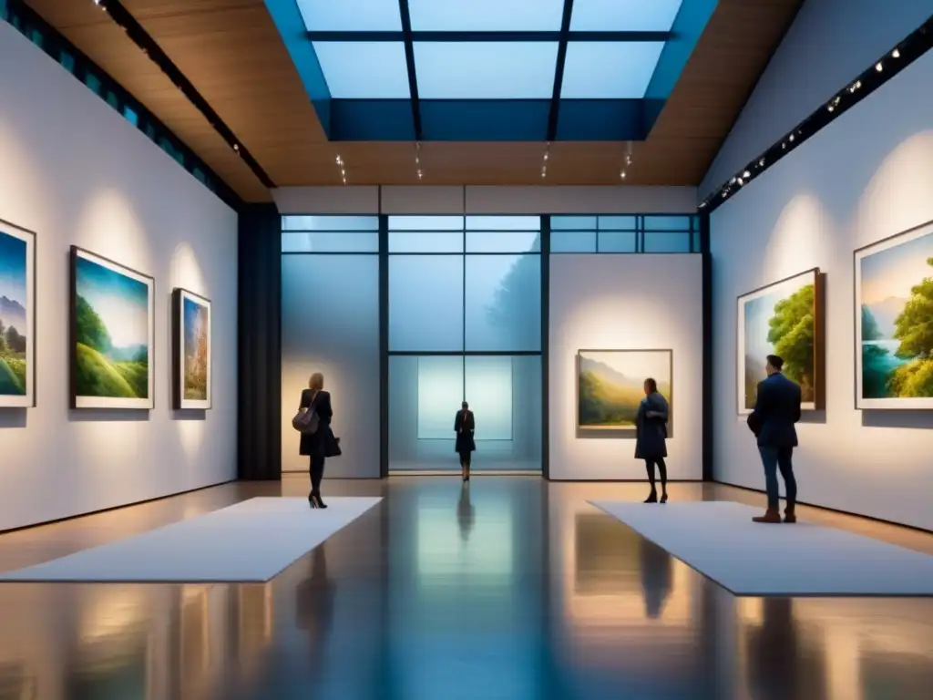 Exposición de arte serena con diversa colección Una sala de exposiciones de arte visual menos conocidas con una colección diversa y vibrante, iluminada por luz natural