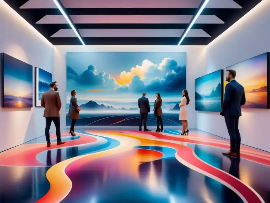 Una sala de exposiciones futurista llena de esculturas 3D en formas abstractas y tamaños variados, iluminadas por luces de galería