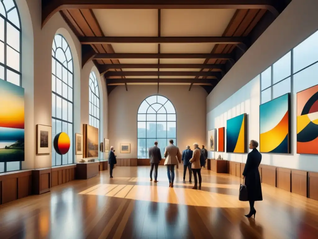 Una sala de exposiciones modernista bulliciosa con artistas y visitantes disfrutando de innovadoras obras de arte