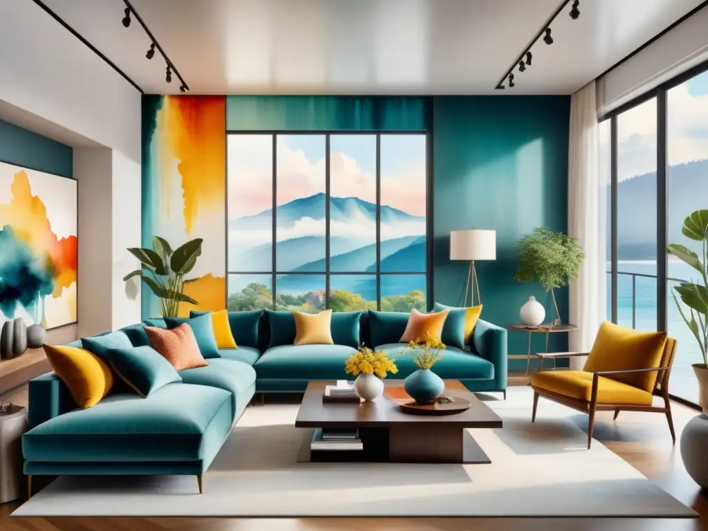Una sala moderna con paredes coloridas pintadas con innovadoras técnicas de pintura para interiores
