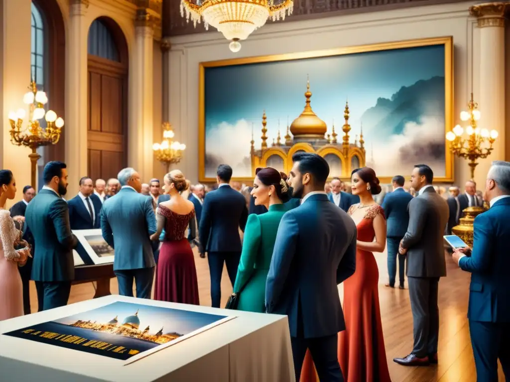 Una sala de subastas de arte llena de personas elegantes examinando y pujando por fotografías en pedestales, con chandeliers y arte en las paredes