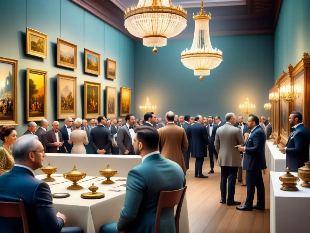 Una sala de subastas de arte llena de diversidad y emoción, con obras variadas en las paredes y un ambiente elegante