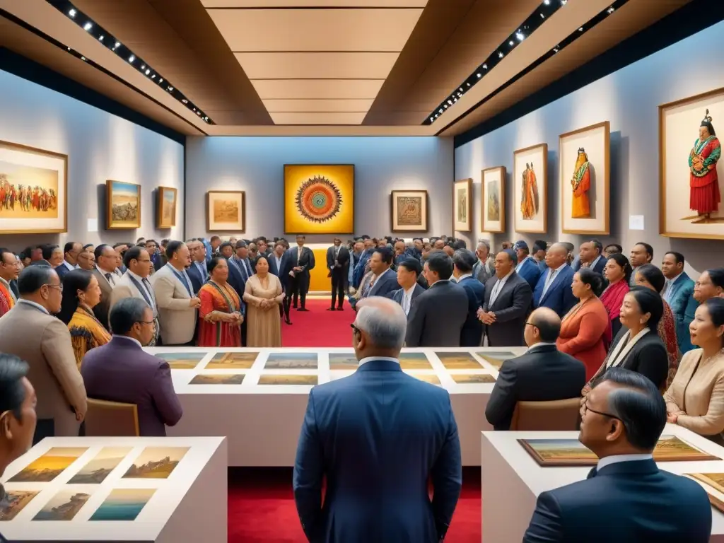 Subasta de arte indígena: emoción y diversidad en sala llena Una sala de subastas vibrante con arte indígena de tendencia, bidders emocionados y una atmósfera inmersiva