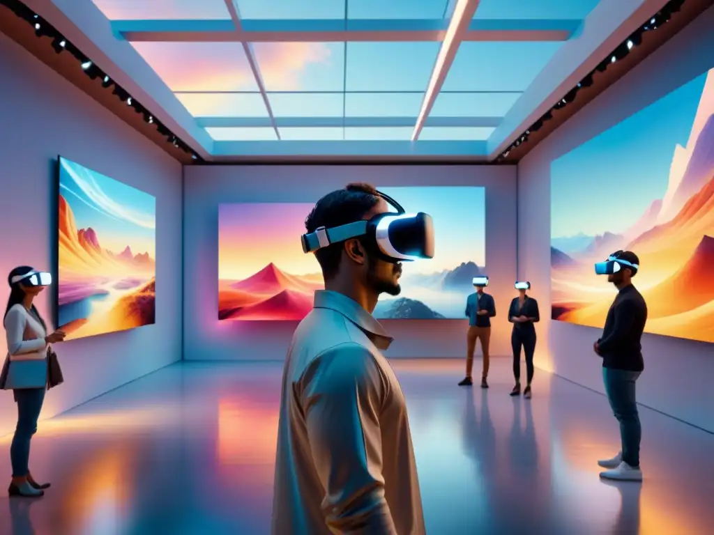 Salón de arte futurista con experiencias inmersivas en arte visual y realidad virtual, creando un ambiente de asombro y fascinación