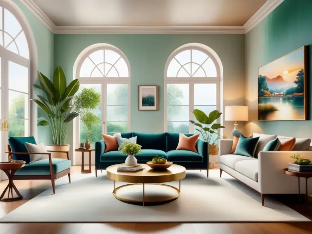 Un salón elegante en acuarela, con técnicas de pintura para interiores, mobiliario moderno y plantas vibrantes