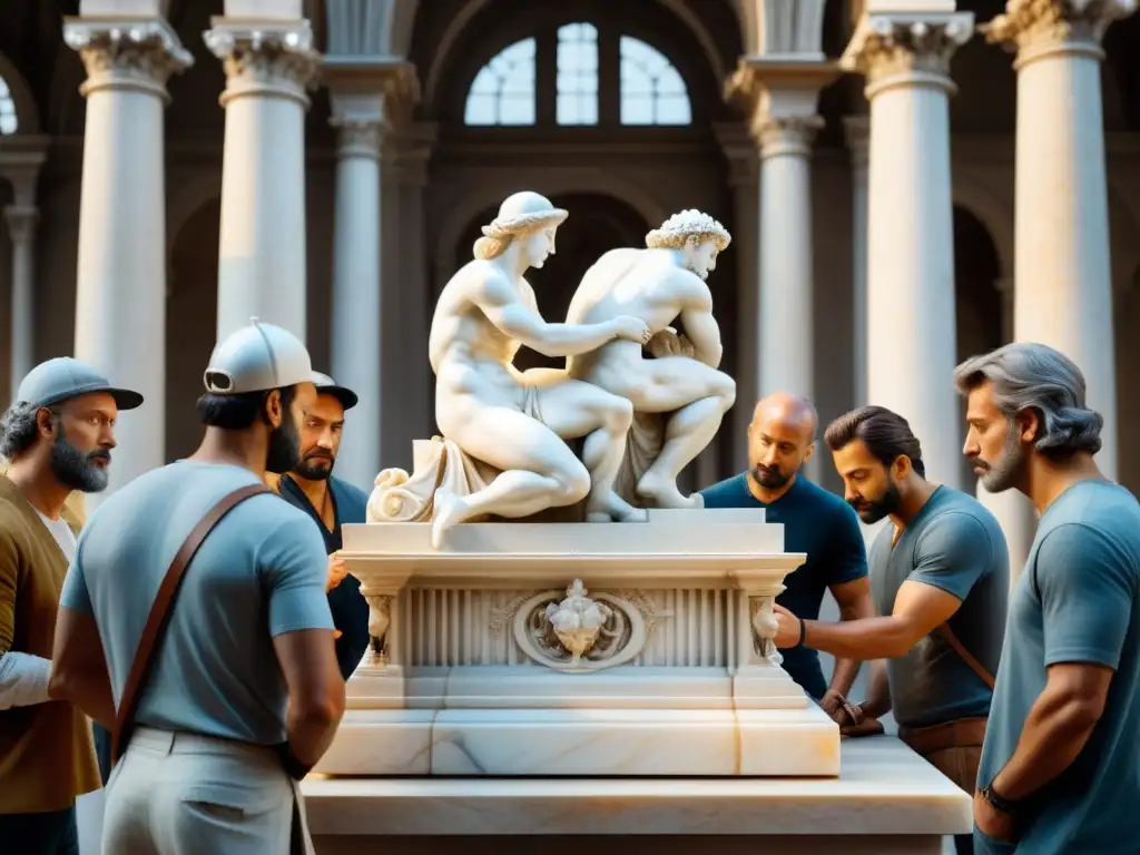 Escultores renacentistas esculpiendo en mármol Sculptors del Renacimiento tallan juntos una escultura detallada en un taller, destacando las innovaciones escultura Renacimiento fuera Italia