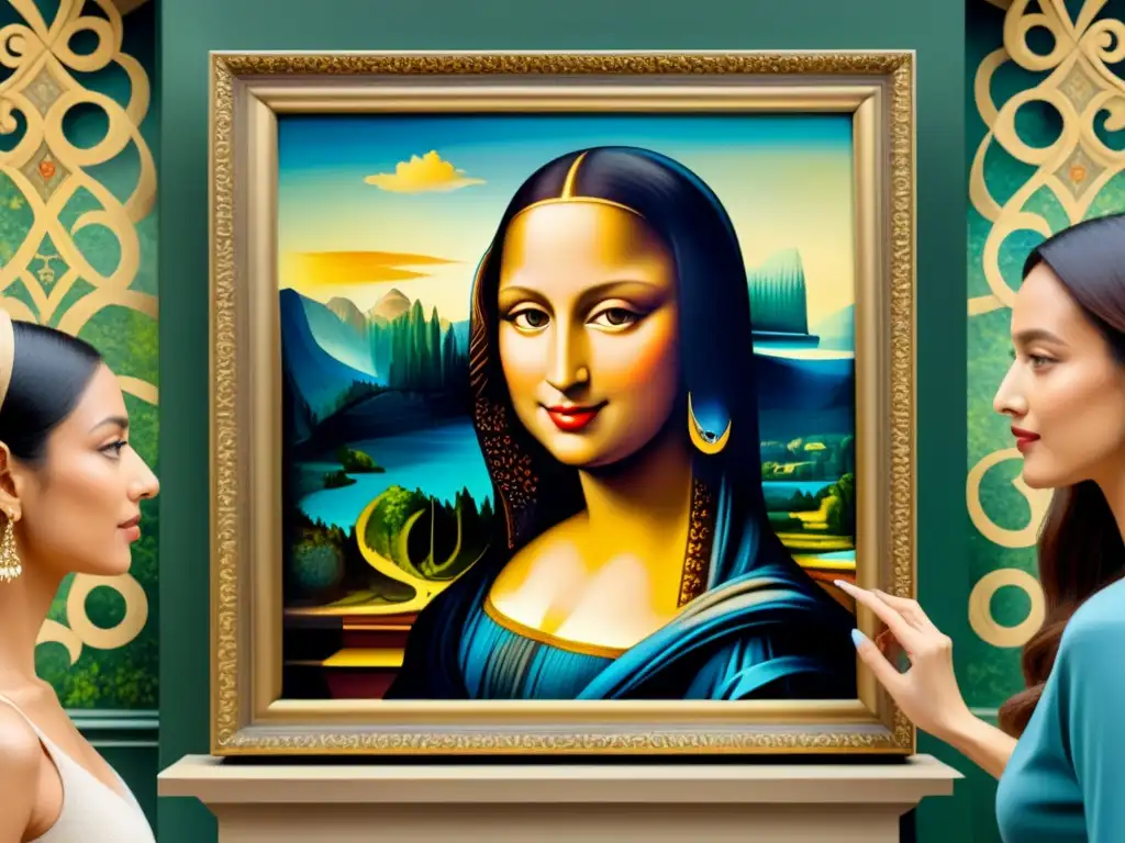 Intersección de secretos Mona Lisa: arte renacentista y códigos digitales se entrelazan en una pintura acuarela vibrante y enigmática