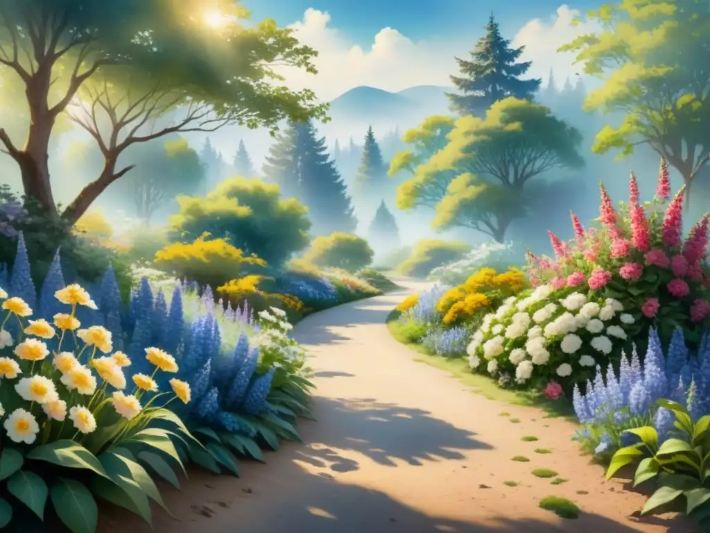 Un sendero de jardín sereno con flores vibrantes y árboles majestuosos