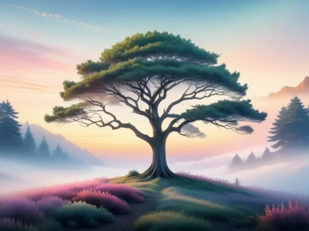 Una serena pintura acuarela de un paisaje digital minimalista con un árbol detallado en un vasto espacio