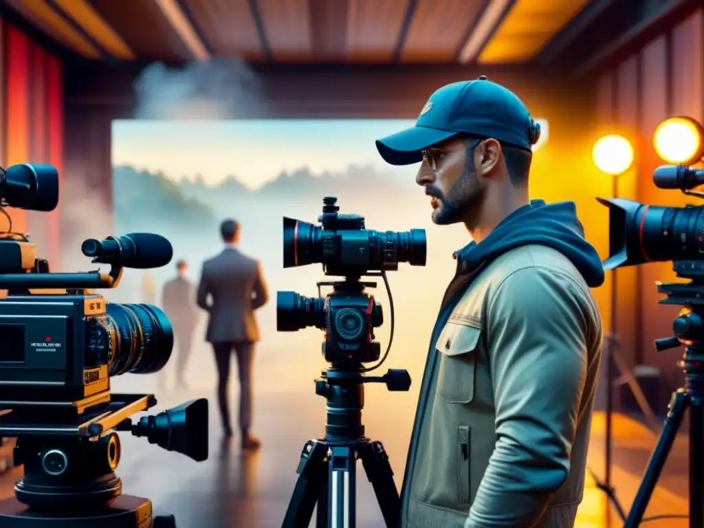 Un set de filmación bullicioso con equipo de cine, director y vibrantes influencias de arte visual en el cine