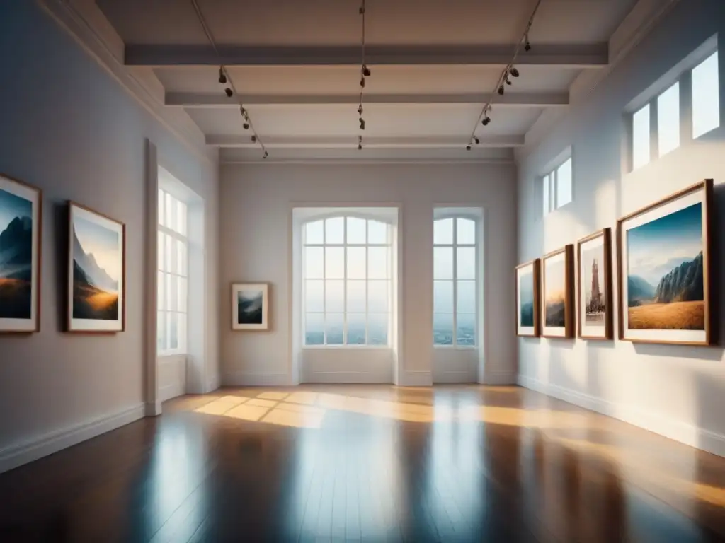 Interpretando el silencio en arte: Una galería vacía con marcos en blanco, iluminada por luz suave