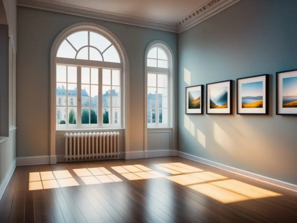 Interpretando el silencio en arte: Galería serena con marcos vacíos en paredes blancas, ventana a la contemplación