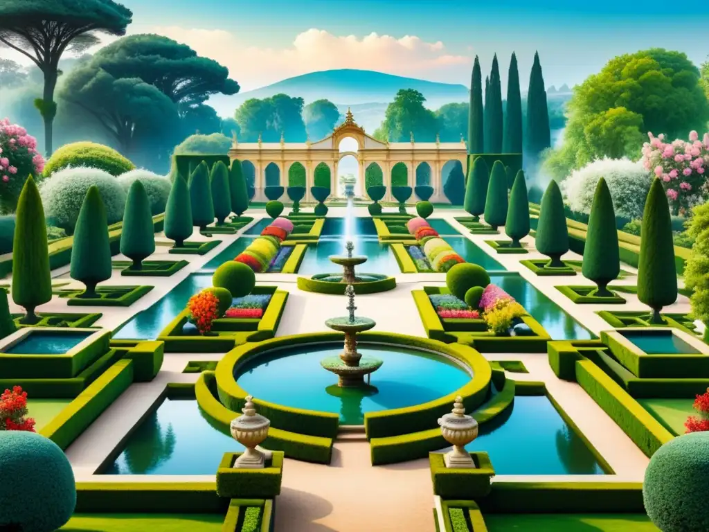 Pintura detallada de jardín barroco exuberante Jardín barroco con simbolismo en detallada acuarela