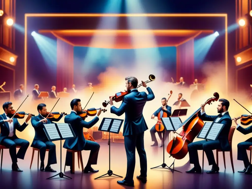 Una sinfonía de colores y armonía musical: la vibrante ilustración de una orquesta en escena