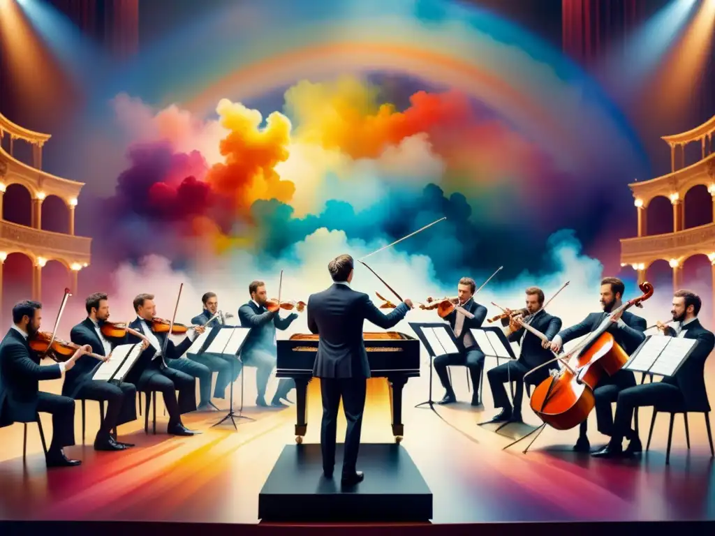 Una sinfonía de colores: orquesta en escena con músicos envueltos en halo cromático