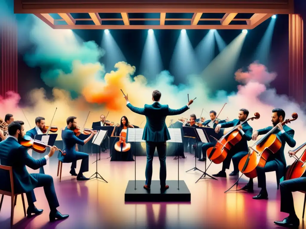 Orquesta sinfónica en acuarela: armonía musical y visual Una sinfonía de colores y sonidos fusionados en una obra de arte acuarela