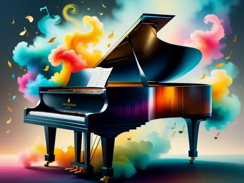 Una sinfonía de colores vibrantes saliendo de un piano, evocando los ritmos musicales del Modernismo artístico