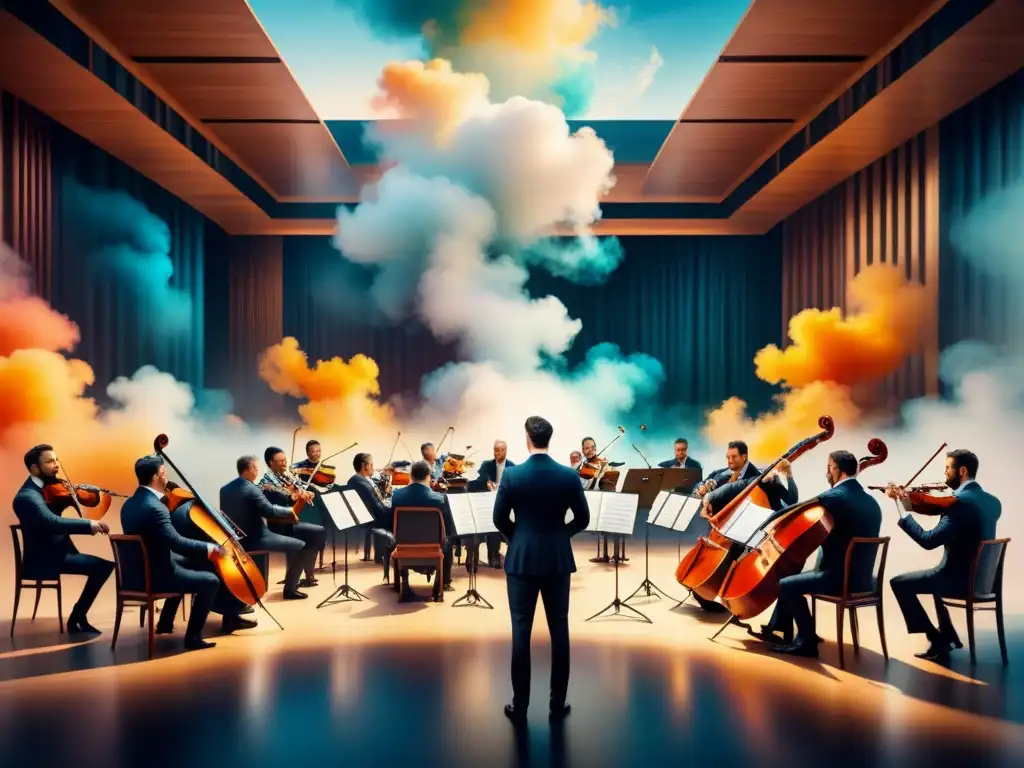 Orquesta sinfónica en acuarela: armonía visual y musical Una sinfonía vibrante de colores y música en una pintura acuarela contemporánea