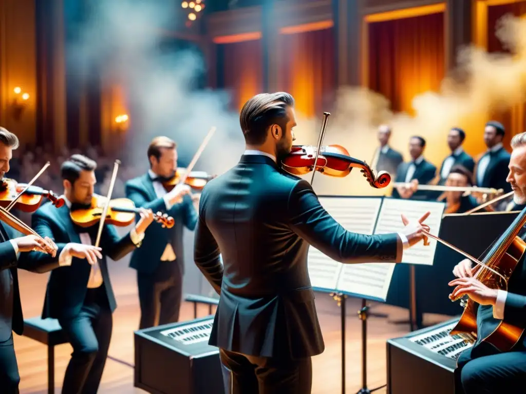 Una sinfonía visual: orquesta en escena, músicos entregados, público admirando