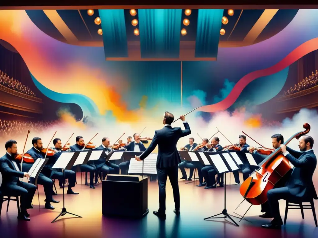 Una sinfonía visual de sinestesia en el arte: una orquesta vibrante en un escenario, fusionando colores y sonidos