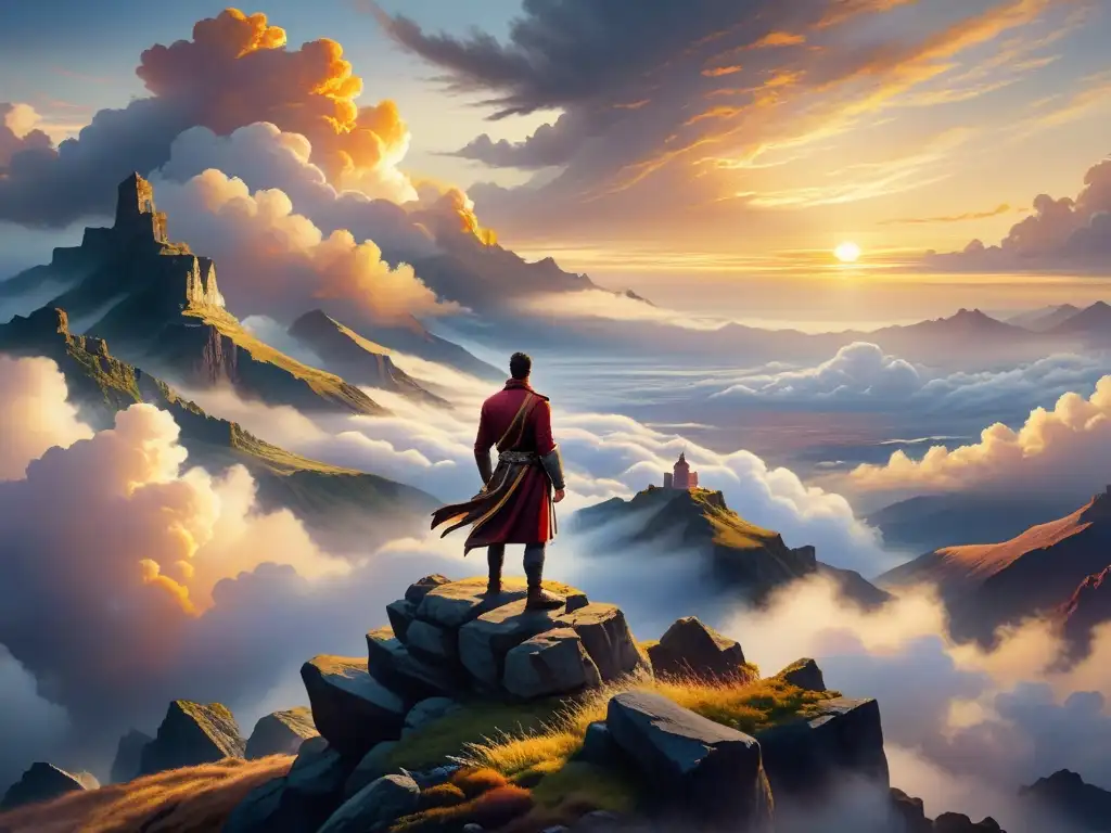 Un solitario caminante reflexiona en un acantilado sobre un mar de nubes, en una escena inspirada en el análisis de Friedrich