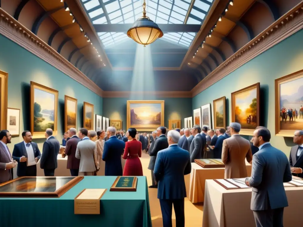 Subasta de arte: una escena vibrante y sofisticada Una subasta de arte elegante, llena de coleccionistas apreciando obras únicas