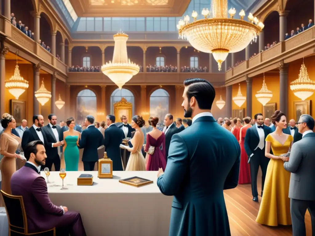 Una subasta de arte elegante en el último decenio, con obras coloridas y un ambiente sofisticado bajo brillantes candelabros
