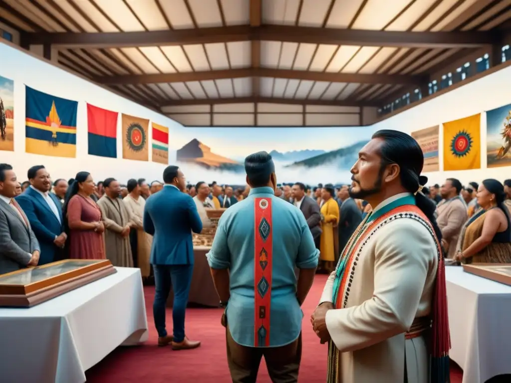 Subasta de Arte Indígena: Vibrante Escena Llena de Emoción y Cultura Una subasta de arte indígena, concurrida y llena de colores y emoción, donde se aprecia la rica herencia cultural