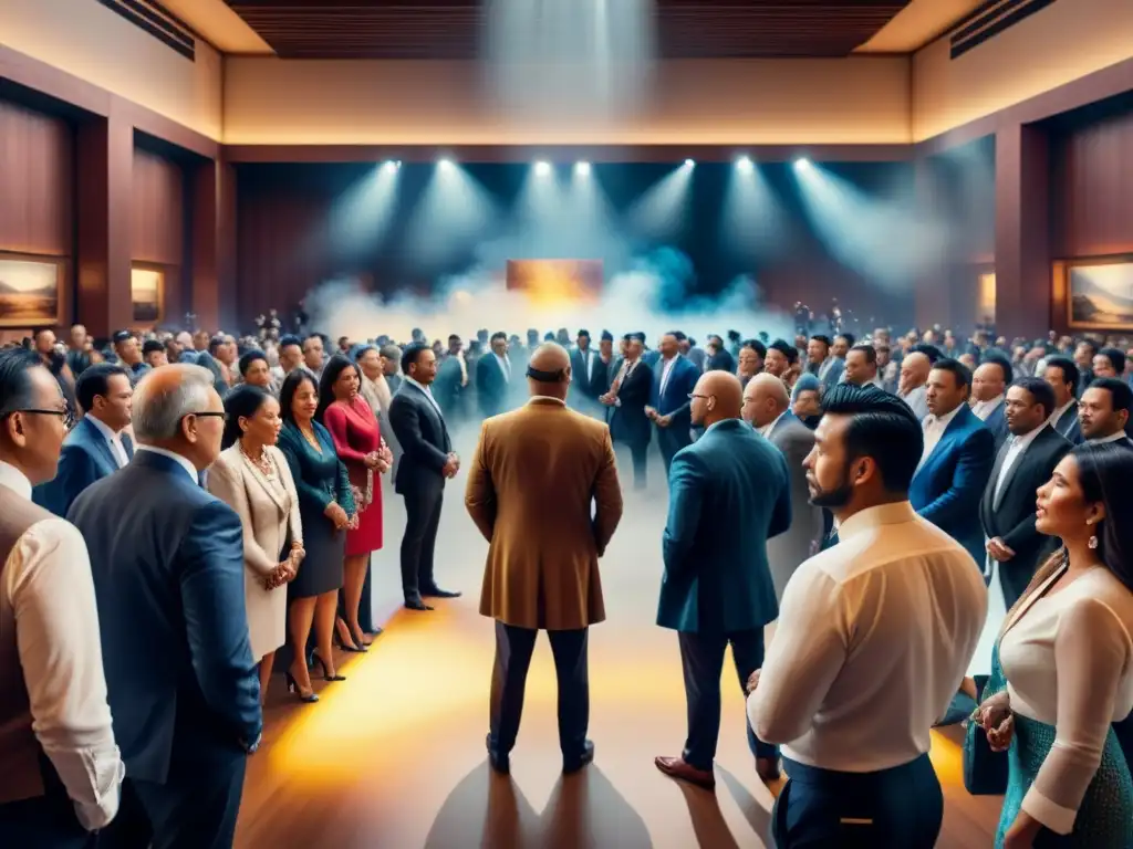 Subasta de arte indígena: puja intensa y cultural Subasta de arte indígena: una escena vibrante y llena de cultura, donde el cuadro destaca entre la multitud de entusiastas